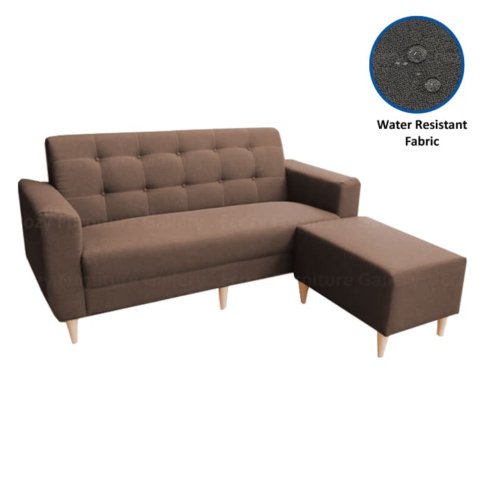 Simple and Plain design of 3 saeter water resistant fabric sofa come with a stool and wooden leg