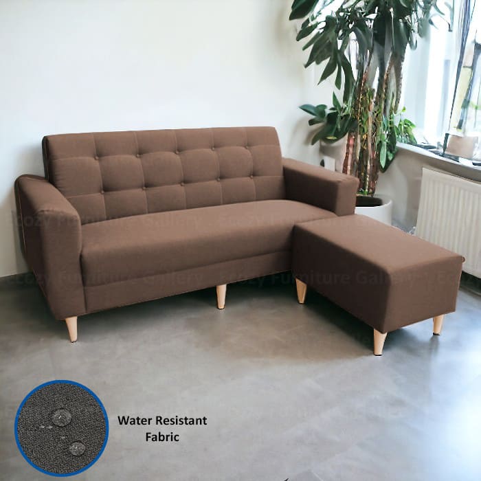 Simple and Plain design of 3 seater water repellent fabric sofa come with a stool and wooden leg