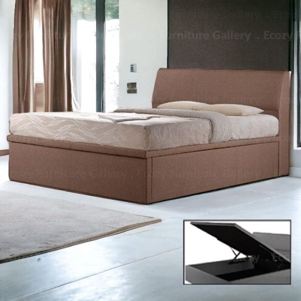 Storage Bed Singapore - Brown color of simple design water repellent storage bed frame with brown sheets on a brown wooden floor, with a modern bedroom in the backgroud