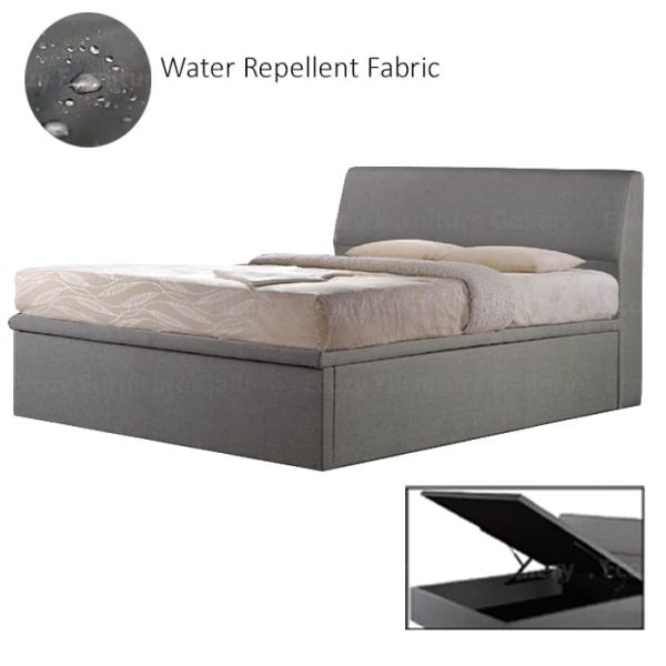 Storage Bed Singapore - A grey upholstered storage bed frame with a simple and plain headboard. The storage bed is upholstered by water-repellent fabric, with 2 different color selection