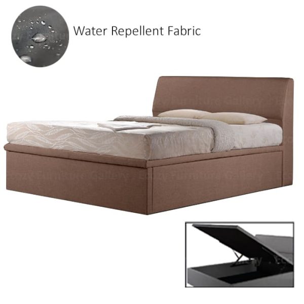 Storage Bed Singapore - A brown upholstered storage bed frame with a simple and plain headboard. The storage bed is upholstered by water-repellent fabric, with 2 different color selection