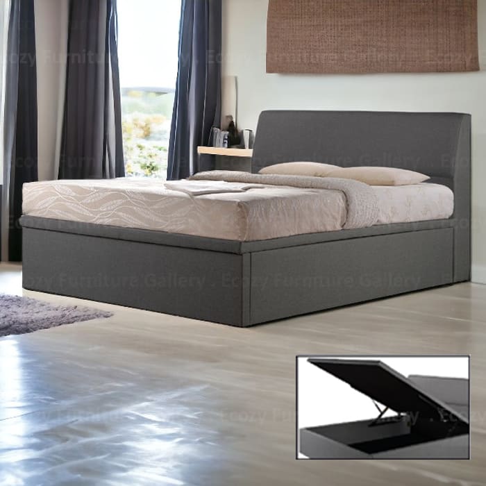 Storage Bed Singapore - Grey color of simple design water repellent storage bed frame with cream sheets on a brown wooden floor, with a modern bedroom in the backgroud