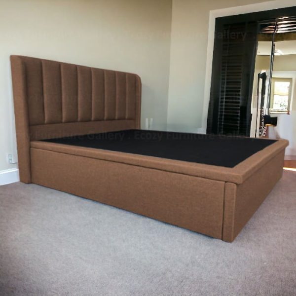 Storage Bed Singapore - a elegant design of fabric storage bed frame with the storage compartment in a cozy bedroom with a brown floor