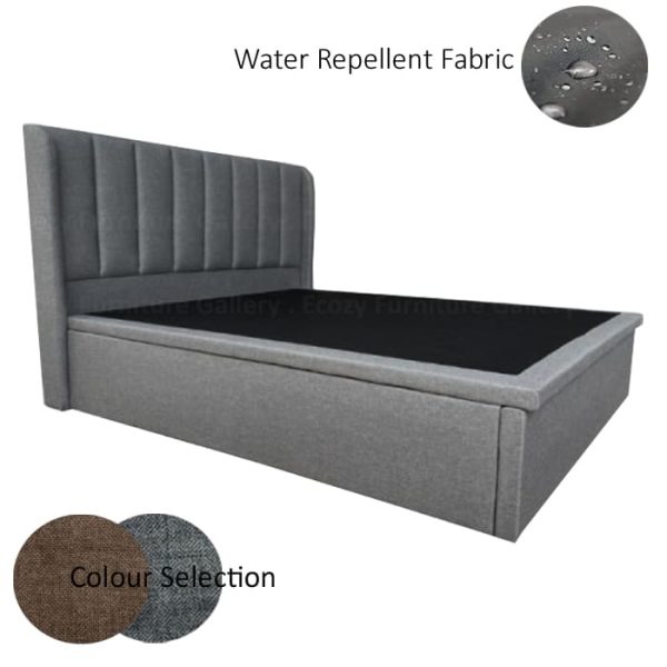 Storage Bed Singapore - A grey upholstered storage bed frame with a tall, vertically line headboard. The storage bed is upholstered by water-repellent fabric, with 2 different color selection