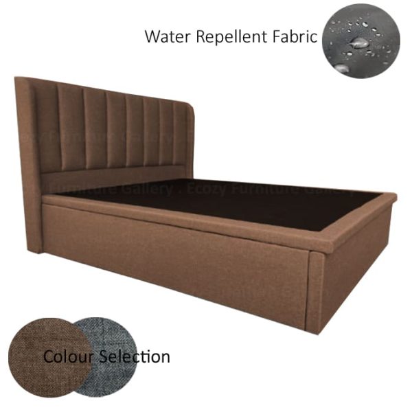 Storage Bed Singapore - A brown upholstered storage bed frame with a tall, vertically line headboard. The storage bed is upholstered by water-repellent fabric, with 2 different color selection