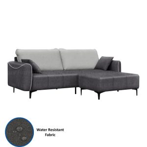 3 seater water resistant fabric sofa and a fabric ottoman come with strong black metal leg and grey throw cushion