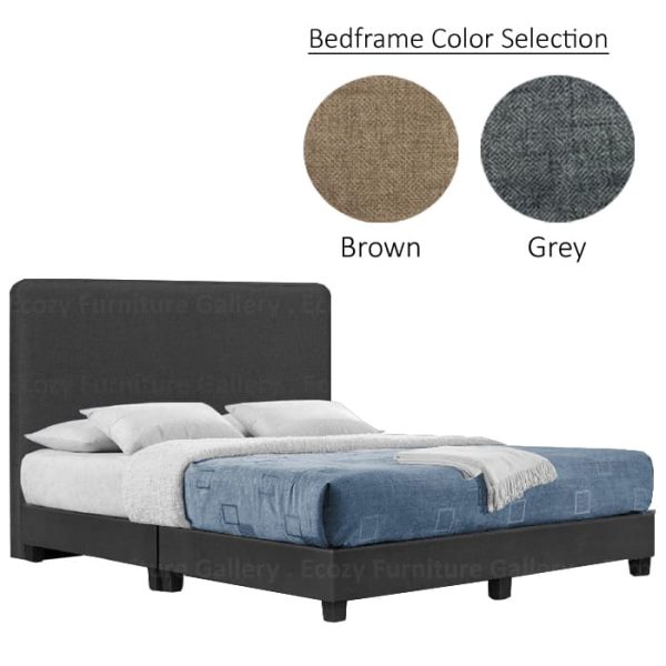 A grey upholstered bed frame with a simple and plain design of headboard and black legs. The bed is made with water-repellent fabric and availble in 2 color selection