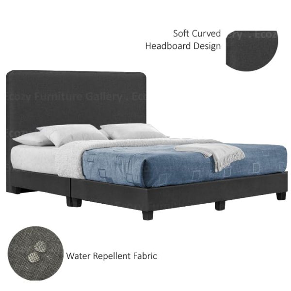 A grey upholstered bed frame with a simple and plain design of headboard and black legs. The bed is made with water-repellent fabric