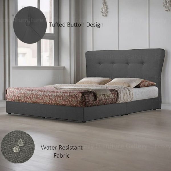 A dark grey upholstered bed frame with a slightly curved, tufted button headboard and light wooden legs. The bed is made with water-repellent fabric