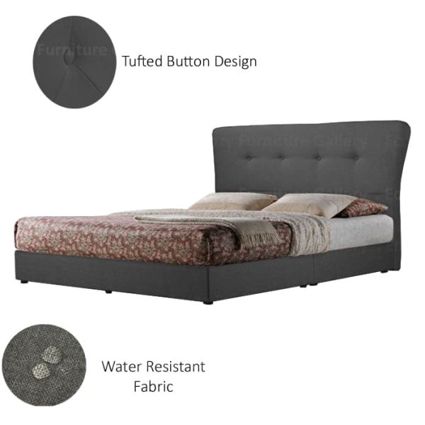 A dark grey upholstered bed frame with a slightly curved, tufted button headboard and light wooden legs. The bed is made with water-repellent fabric