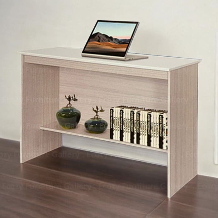 A white wash and white color study desk or computer table with a simple and plain design