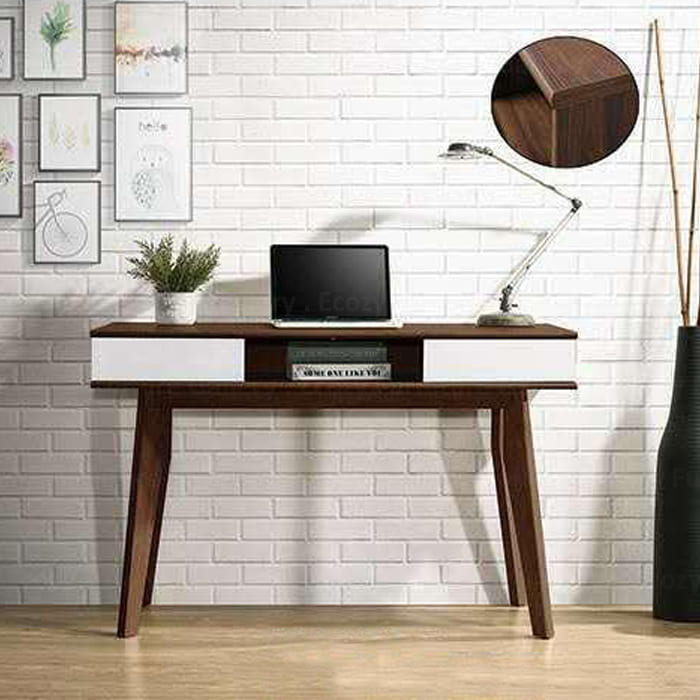 study desk or computer table is a combination of two colors, walnut modern finish with white drawers, creating a simple and elegant design