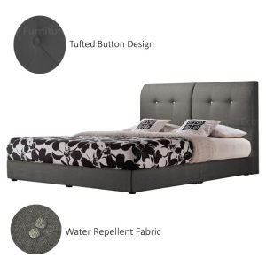 A dark grey upholstered bed frame with a tufted button headboard and black legs. The bed is made with water-repellent fabric