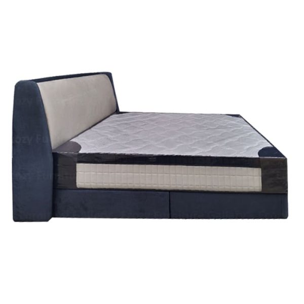 The side view of a modern divan bed frame with the plain and wingback design headboard. The bed is upholstered by water-repellent fabric, with 2 color combination