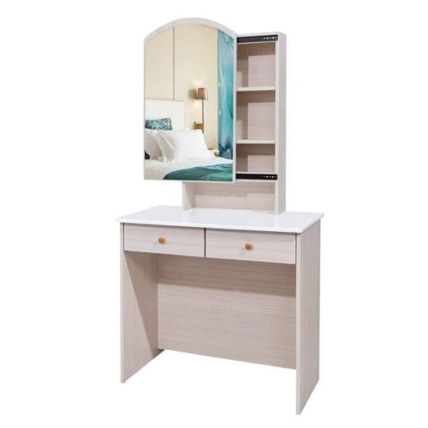 A dressing table come with 2-side sliding mirror, hidden storage, and 2 drawers