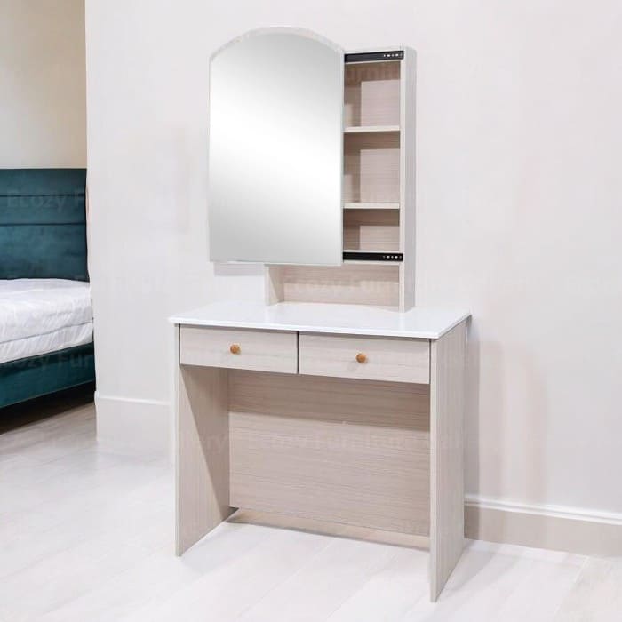 A dressing table come with 2-side sliding mirror, hidden storage, and 2 drawers