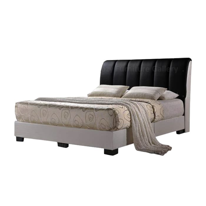 A modern divan bed frame with black and white color combination, and it is come with the vertically line headboard