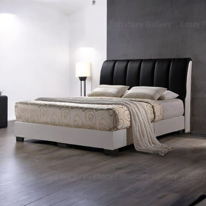 A modern divan bed frame with black and white color combination, and it is come with the vertically line headboard