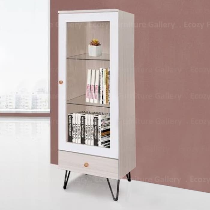 Display cabinet is a combination of two colors, glossy white modern finish with white wash wooden framing, creating a simple and elegant design