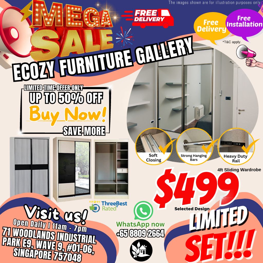 Mega furniture sale at woodlands furniture stores which up to 50% offering- sepecially sliding door wardrobe