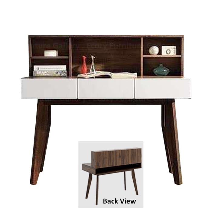 study desk or computer table is a combination of two colors, walnut modern finish with white drawers, creating a simple and elegant design