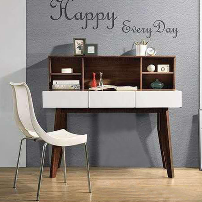 study desk or computer table is a combination of two colors, walnut modern finish with white drawers, creating a simple and elegant design