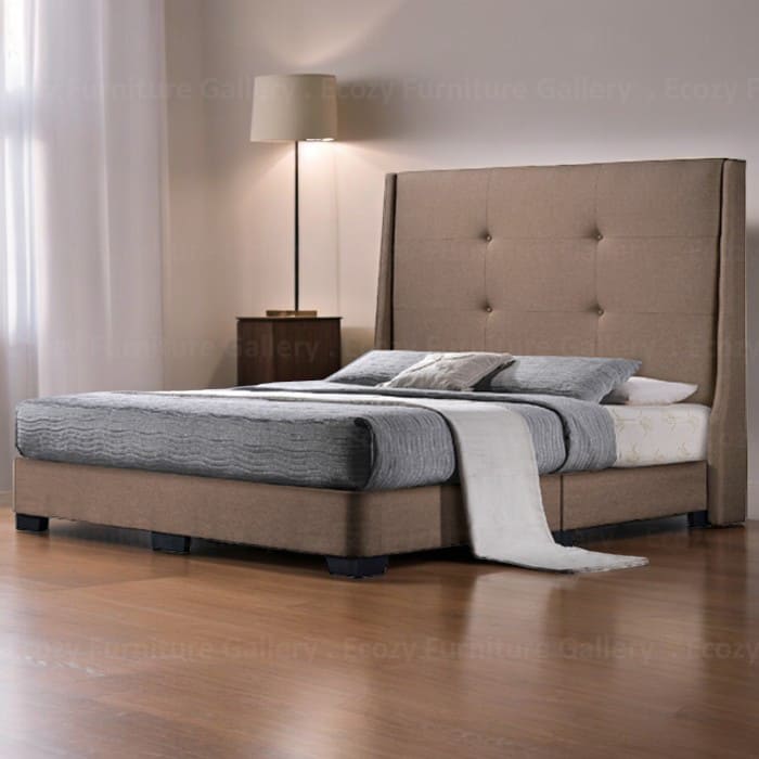 A brown upholstered bed frame with a tall, tufted button headboard and black legs. The bed is made with water-repellent fabric and available in 2 different color selection