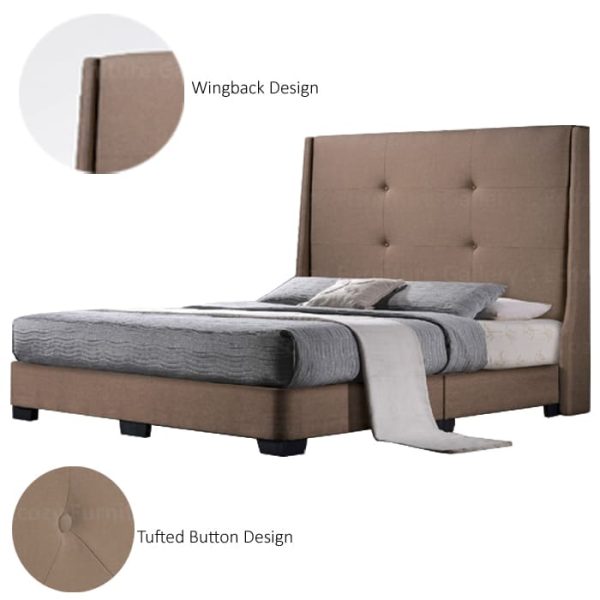 A brown upholstered bed frame with a tall, tufted button headboard and black legs. The bed is made with water-repellent fabric and available in 2 different color selection