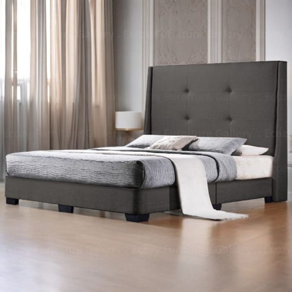 A grey upholstered bed frame with a tall, tufted button headboard and black legs. The bed is made with water-repellent fabric and available in 2 different color selection