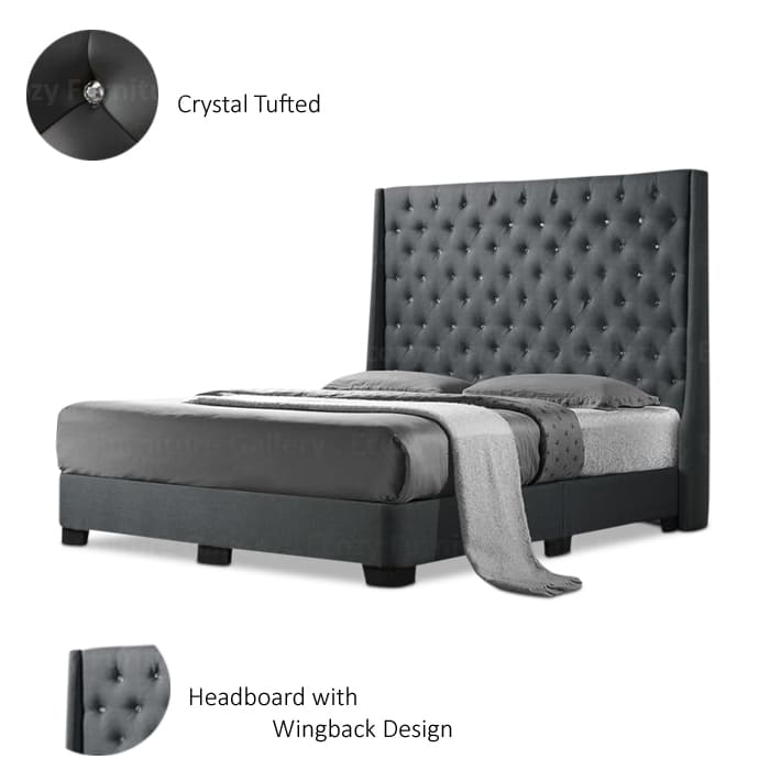 A grey upholstered bed frame with a tall, tufted crystal headboard and black legs. The bed is made with water-repellent fabric