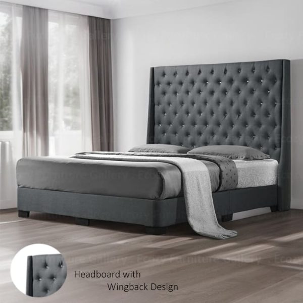 A grey upholstered bed frame with a tall, tufted crystal headboard and black legs. The bed is made with water-repellent fabric