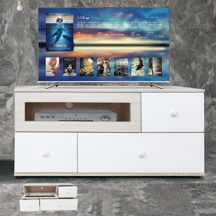 TV Console is a combination of two colors, glossy white modern finish with white wash wooden framing, creating a simple and elegant design