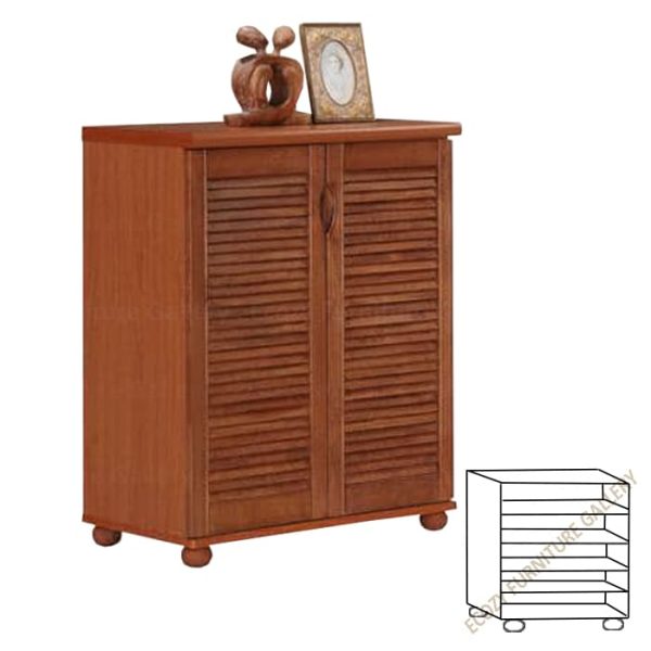 Cherry color of swing door shor cabinet features with solid wood louvre doors design and solid wood leg