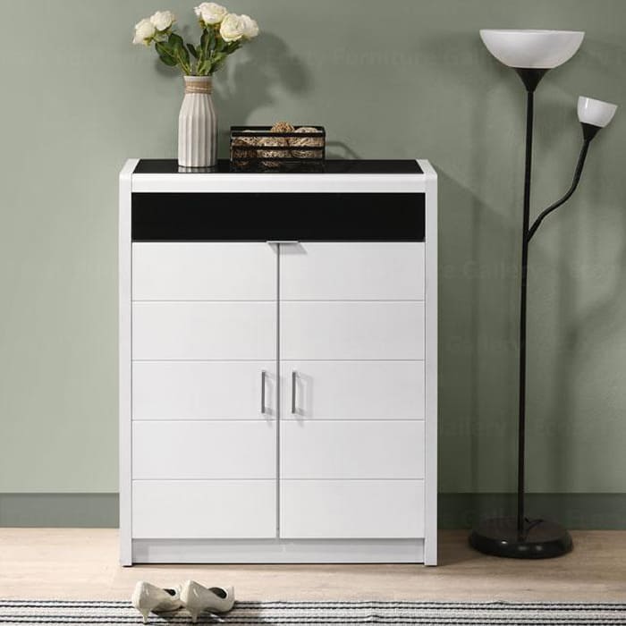 White shoe cabinet feature with the big drawer, black color tempered glass top and sliver metal handle