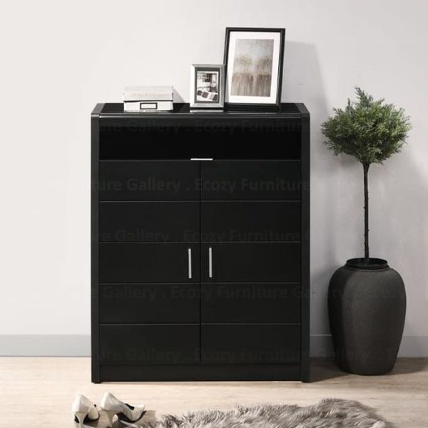 Black shoe cabinet feature with the big drawer, black color tempered glass top and sliver metal handle