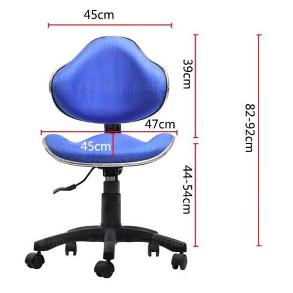 The detail dimention of Blue color office chair with Big PU wheels for easy chair movement