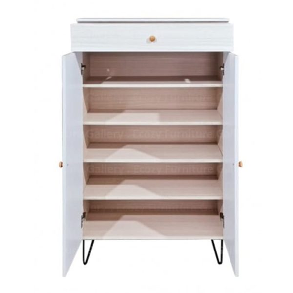 Wooden shoe cabinet features with wrought iron legs and solid wood door knob; its internal compartment with 5 seperate compartment