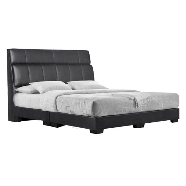 A modern divan bed upholstered in black color faux leather, it is features a sleek design with a cushioned headboard