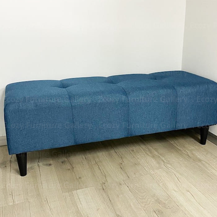 Fabric Blue color Long Bench without back rest, with black plastic leg in the living room