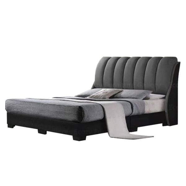 A modern bed with a dark grey main frame and light grey backrest cushion. The bed features a sleek design with a cushioned headboard and upholstered by water-repellent fabric