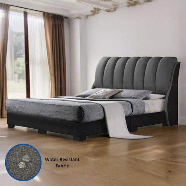 A modern bed with a dark grey main frame and light grey backrest cushion. The bed features a sleek design with a cushioned headboard and upholstered by water-repellent fabric