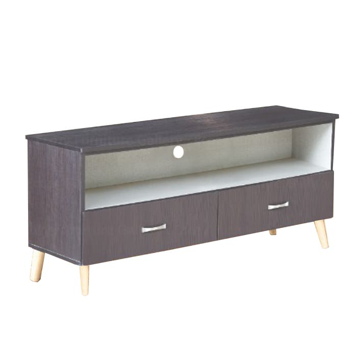 Walnut color TV Console features with features drawers, open concept compartment, and sturdy wooden splayed legs