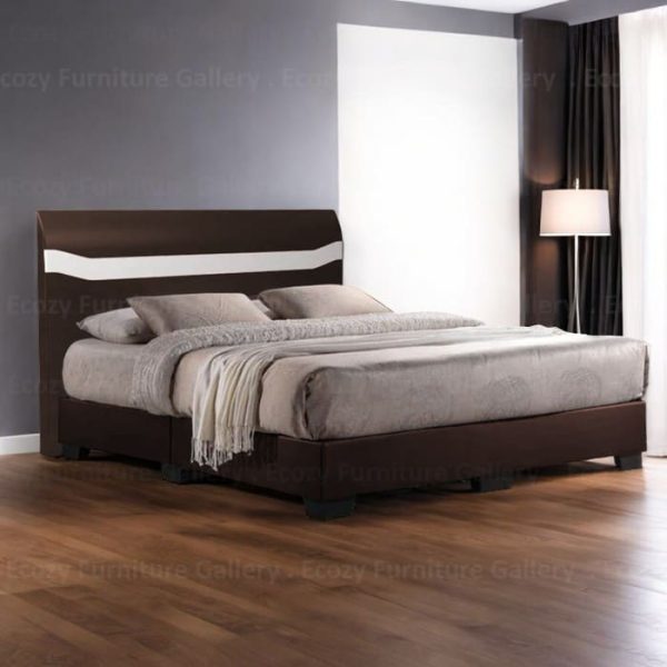 A modern bed with a dark brown frame and a headboard featuring a white horizontal stripe in a room with wooden flooring and windows