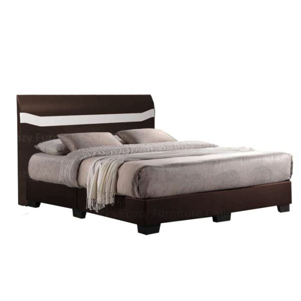 A modern bed with a dark brown frame and a headboard featuring a white horizontal stripe