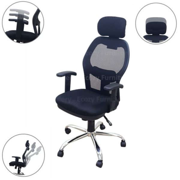 The black color high back office chair with the adjustable headrest