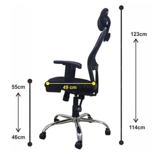 The detail dimension of black color high back office chair with the adjustable headrest