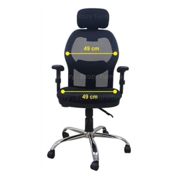 The detail dimension of black color high back office chair with the adjustable headrest