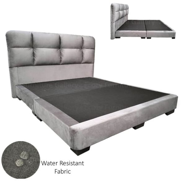 A grey upholstered bed frame with a cushioned headboard and black legs. The bed is made with water-repellent fabric