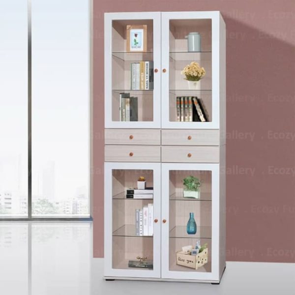 Display cabinet is a combination of two colors, glossy white modern finish with white wash wooden framing, creating a simple and elegant design