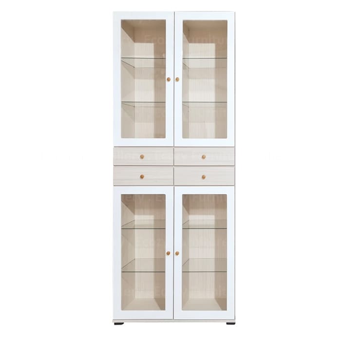 Display cabinet is a combination of two colors, glossy white modern finish with white wash wooden framing, creating a simple and elegant design